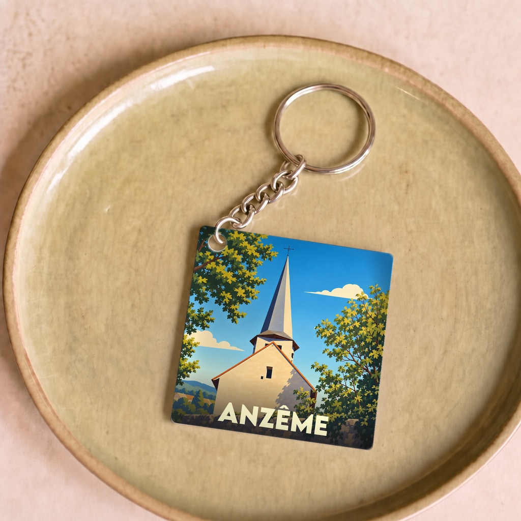 Porte-clés souvenir de la ville d'Anzême avec une illustration stylisée de son église.