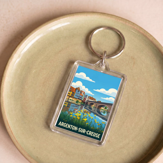 Porte-clés souvenir de la ville d'Argenton-sur-Creuse avec une illustration stylisée.