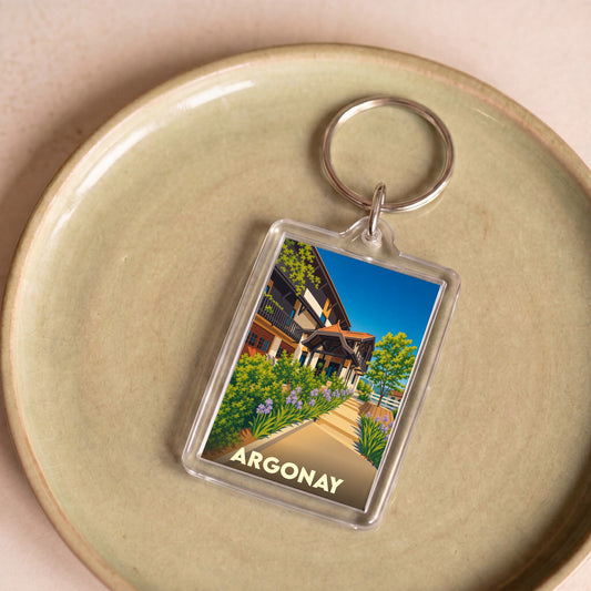 Porte-clés souvenir de la ville d'Argonay avec une illustration stylisée.