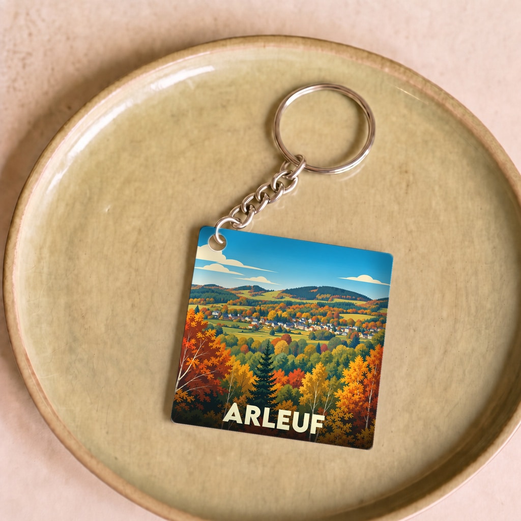 Porte-clés souvenir de la ville d'Arleuf avec une illustration automnale stylisée.