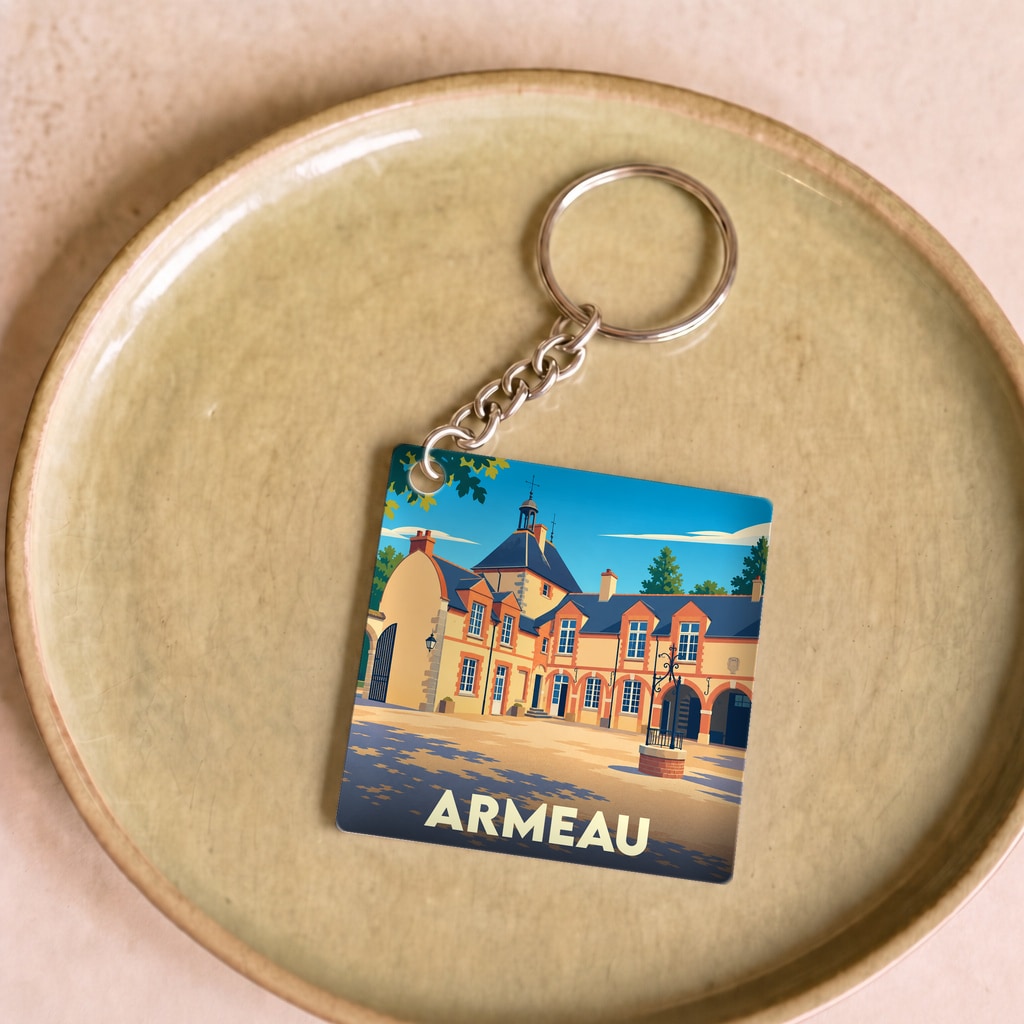 Porte-clés souvenir de la ville d'Armeau avec une illustration stylisée de son architecture.
