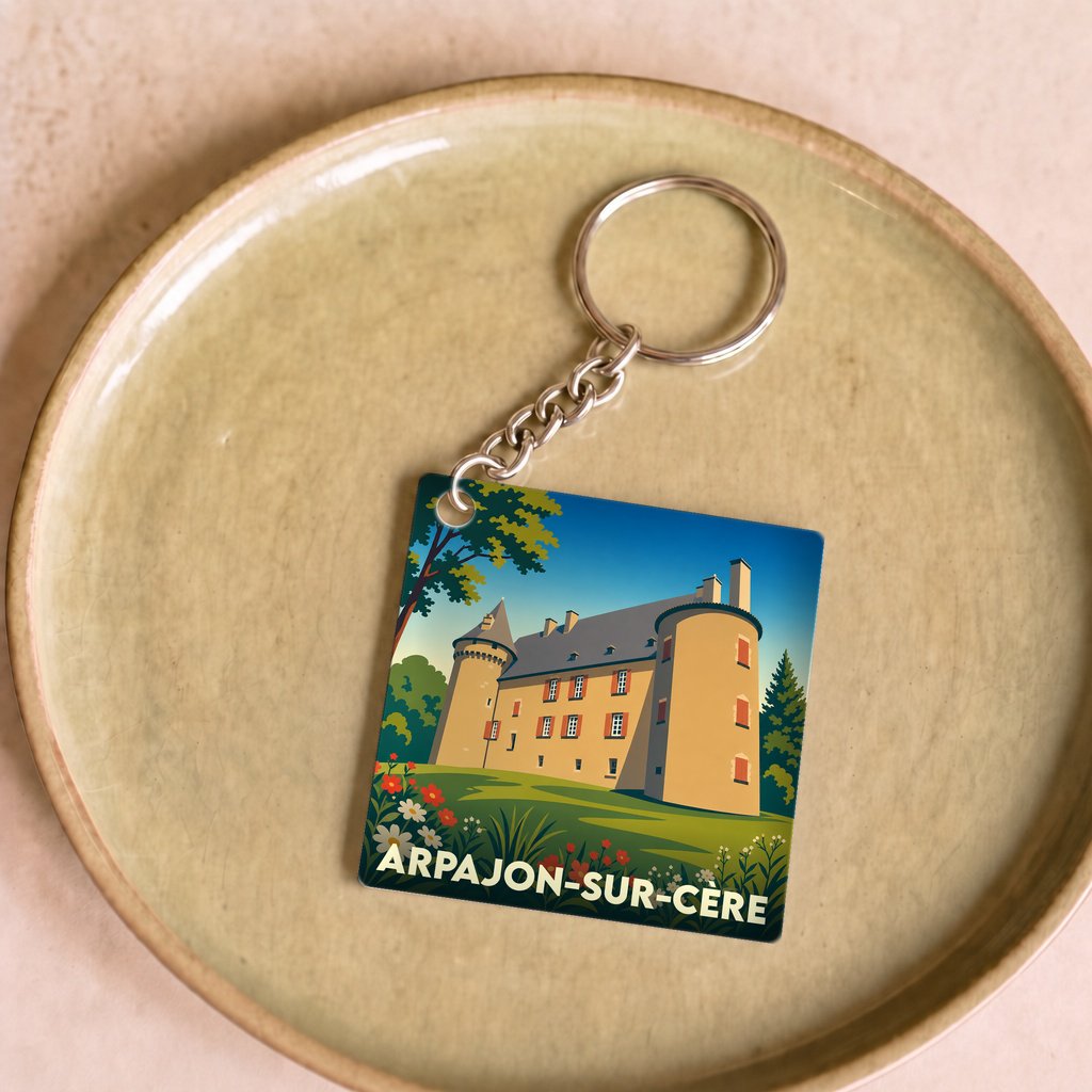 Porte-clés souvenir de la ville de Arpajon-sur-Cère avec une illustration stylisée de son château.