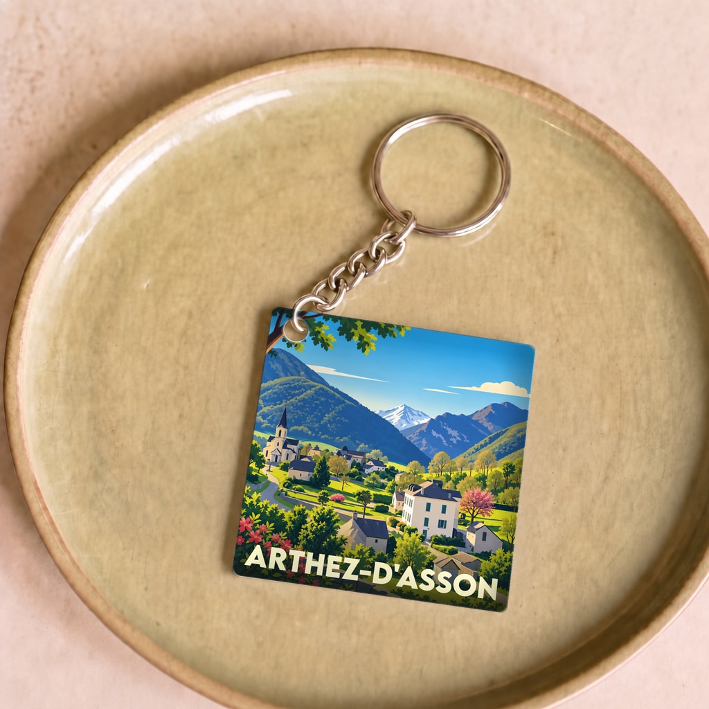 Porte-clés souvenir de la ville d'Arthez-d'Asson avec une illustration stylisée d'un village de montagne.