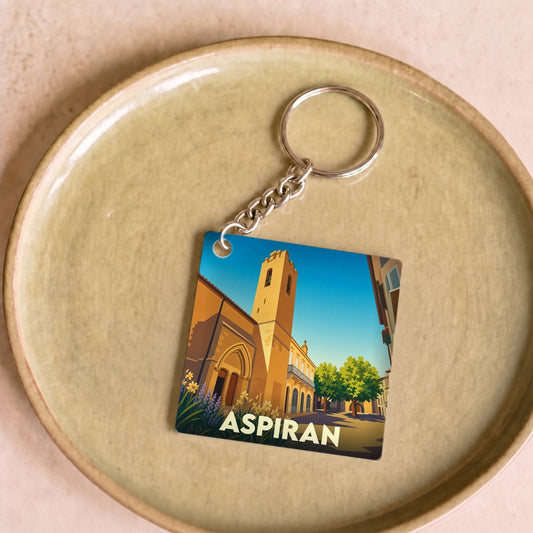 Porte-clés souvenir de la ville de Aspiran avec une illustration stylisée de son église.