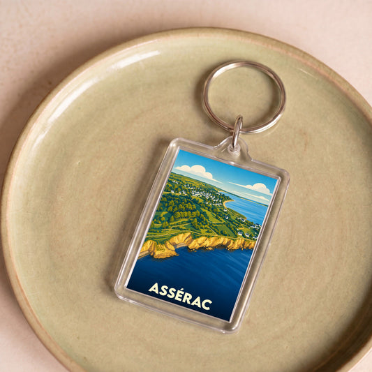 Porte-clés souvenir de la ville d'Assérac avec une illustration stylisée du littoral.