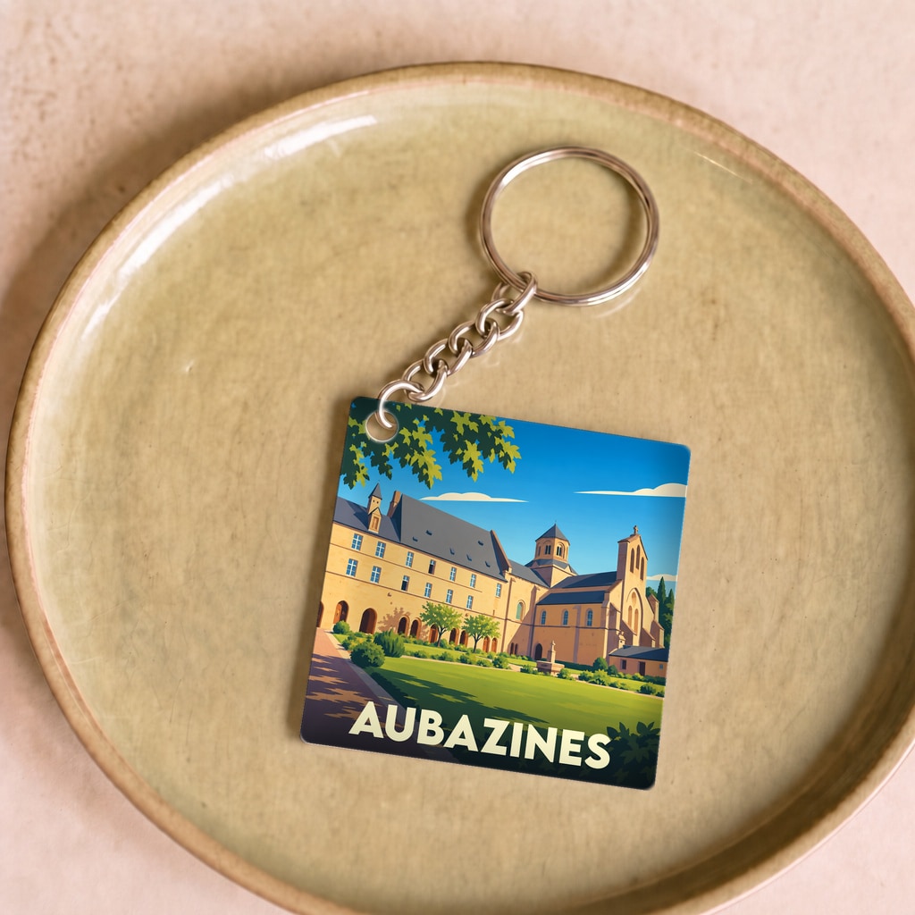 Porte-clés souvenir de la ville d'Aubazines avec une illustration stylisée de son abbaye.
