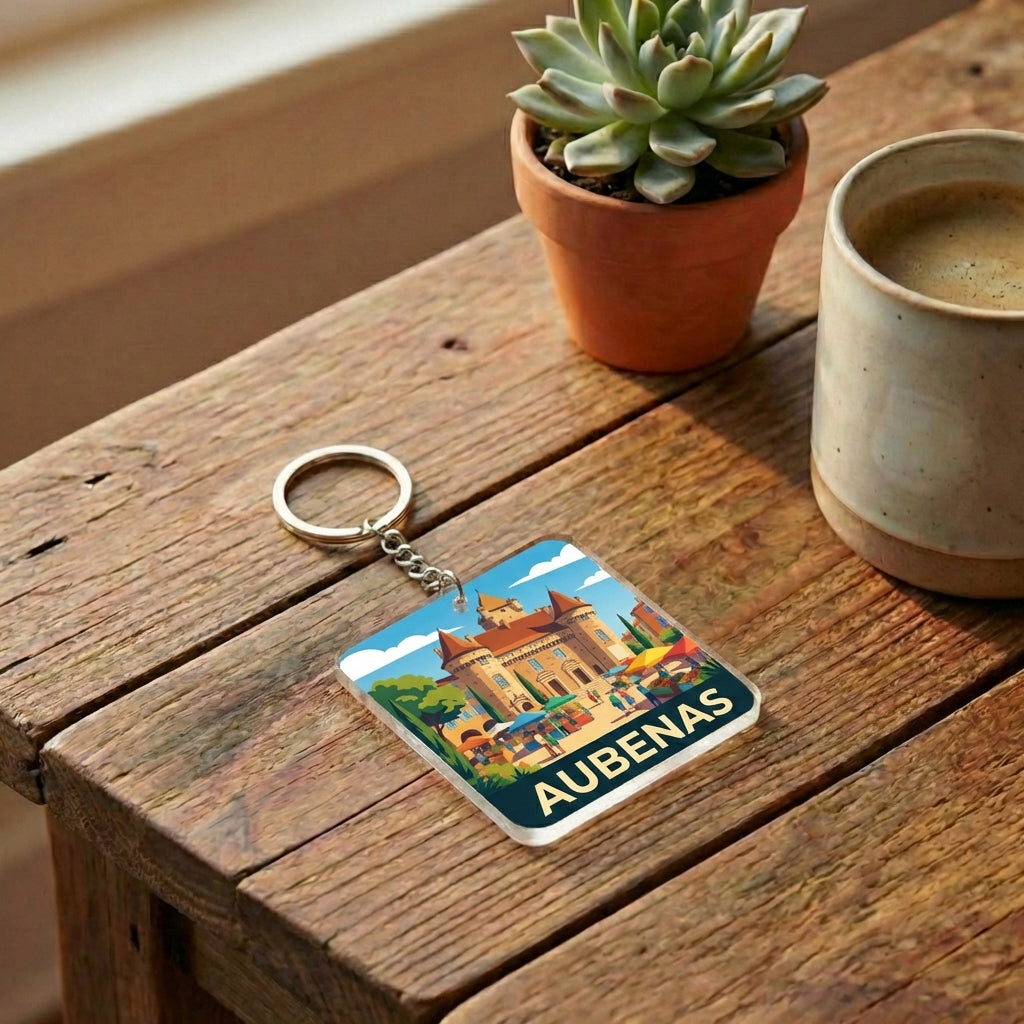 Porte-clés souvenir de la ville d'Aubenas avec une illustration stylisée.