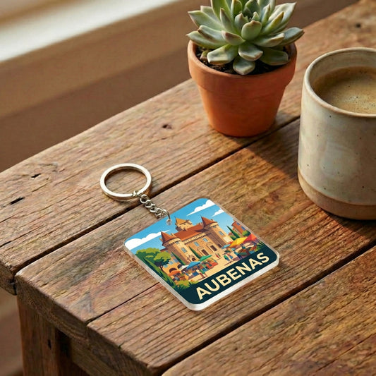 Porte-clés souvenir de la ville d'Aubenas avec une illustration stylisée.