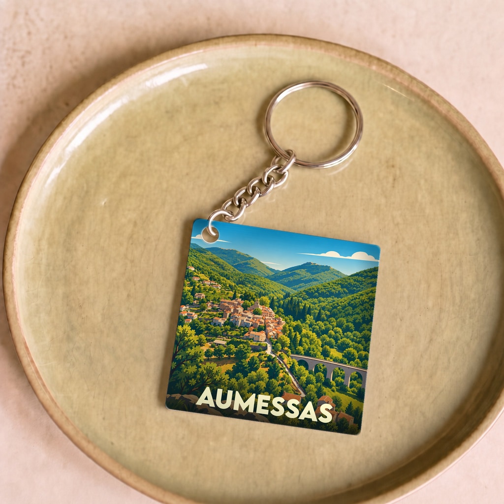 Porte-clés souvenir de la ville d'Aumessas avec une illustration stylisée d'un village de montagne.