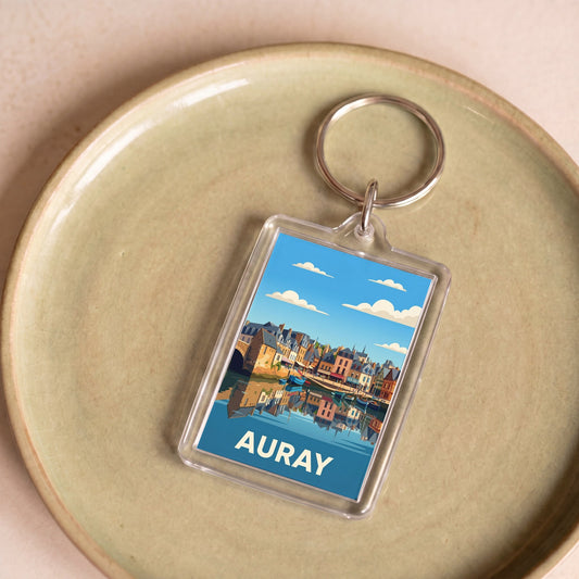 Porte-clés souvenir de la ville d'Auray avec une illustration stylisée.