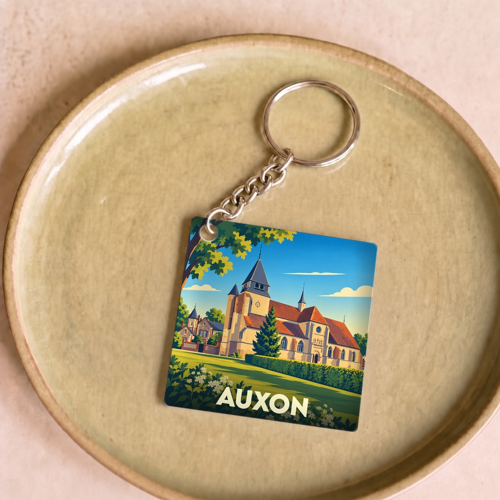 Porte-clés souvenir de la ville de Auxon avec une illustration stylisée de son église.