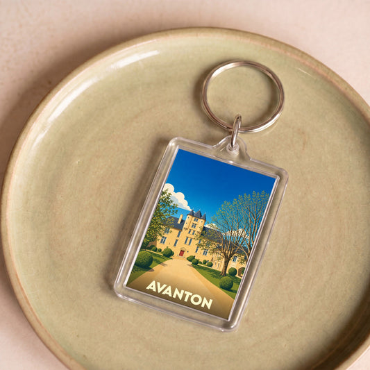 Porte-clés souvenir de la ville d'Avanton avec une illustration stylisée de son château.