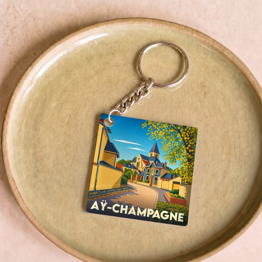 Porte-clés souvenir de la ville de Aÿ-Champagne avec une illustration stylisée.