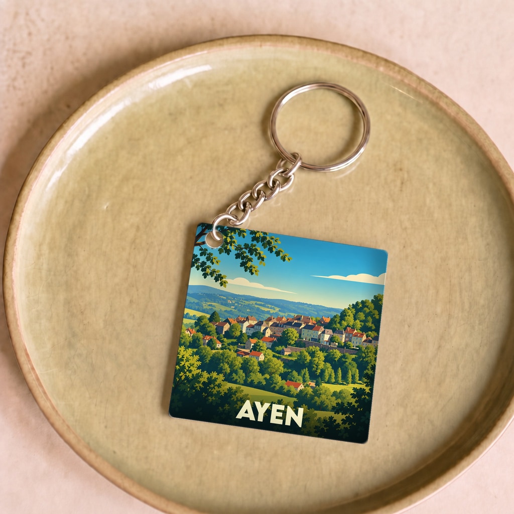 Porte-clés souvenir de la ville d'Ayen avec une illustration paysagère colorée.