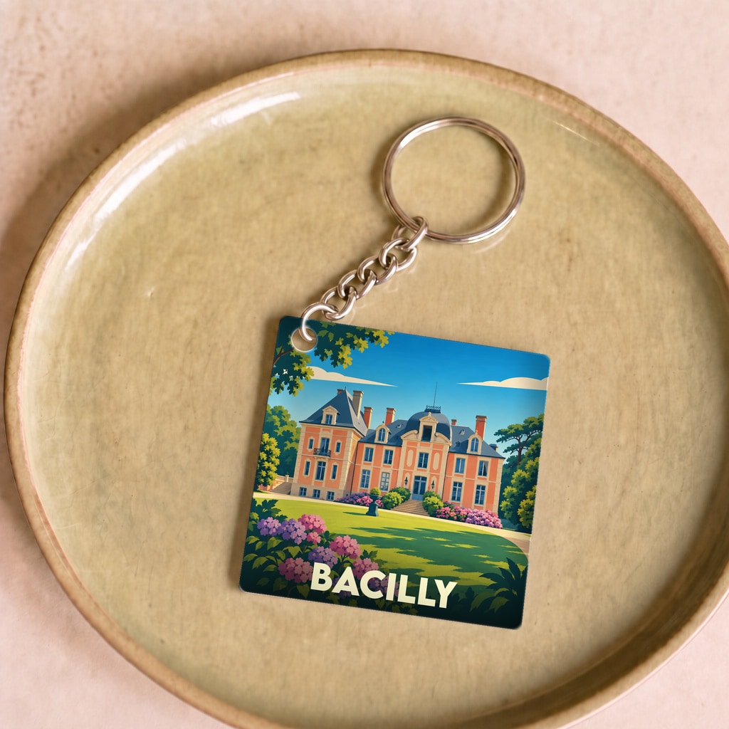 Porte-clés souvenir de la ville de Bacilly avec une illustration stylisée d'un château.