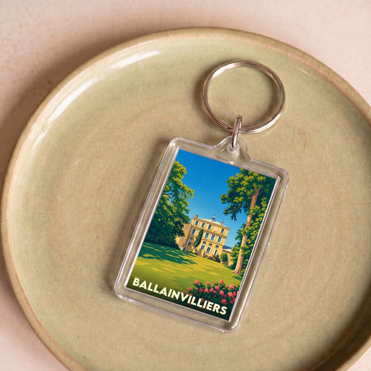 Porte-clés souvenir de la ville de Ballainvilliers avec une illustration stylisée de son château.