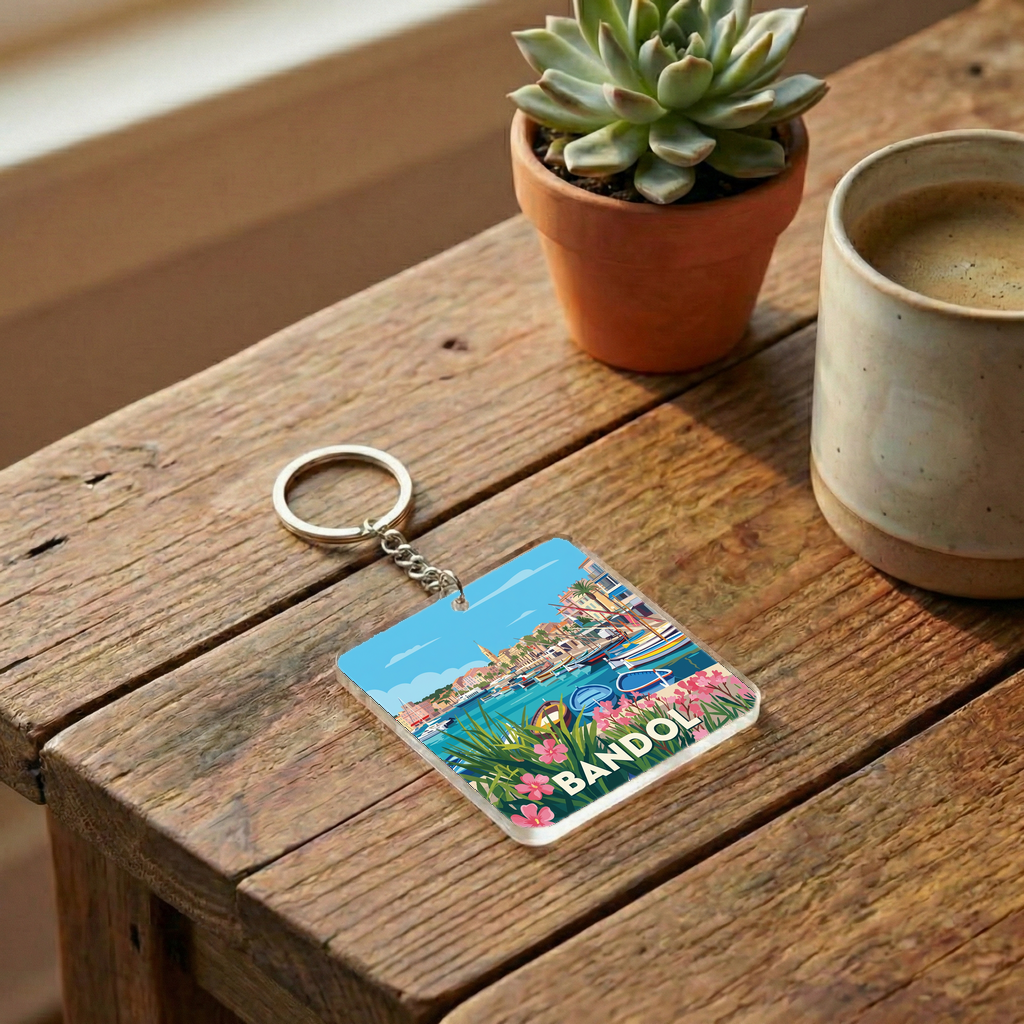 Porte-clés souvenir de la ville de Bandol avec une illustration stylisée.