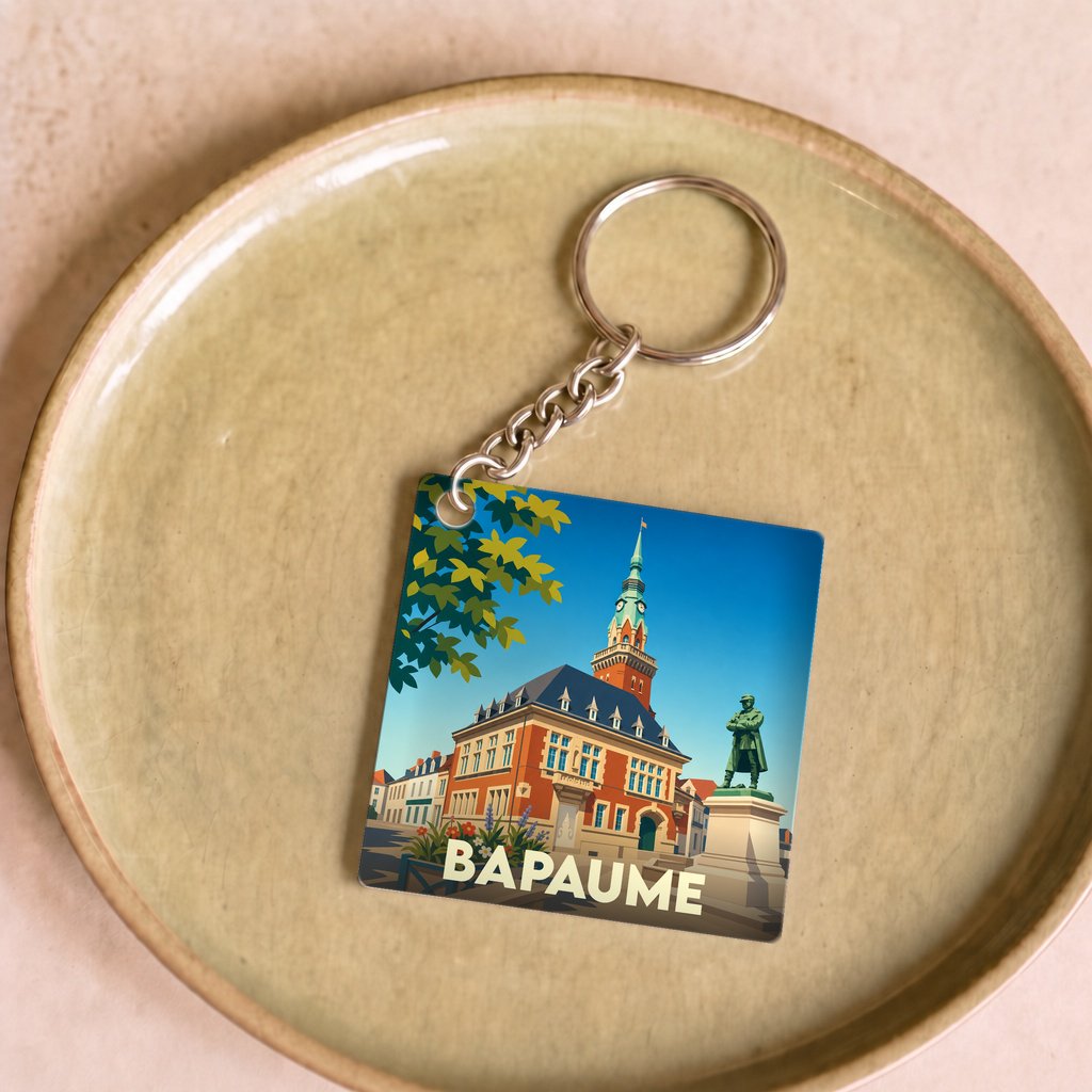 Porte-clés souvenir de la ville de Bapaume avec une illustration stylisée de son hôtel de ville.