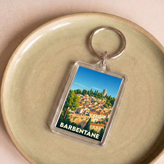 Porte-clés souvenir de la ville de Barbentane avec une illustration stylisée.