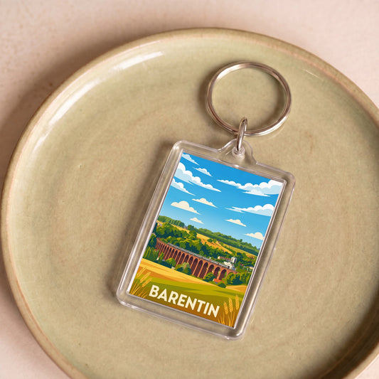 Porte-clés souvenir de la ville de Barentin avec une illustration stylisée.