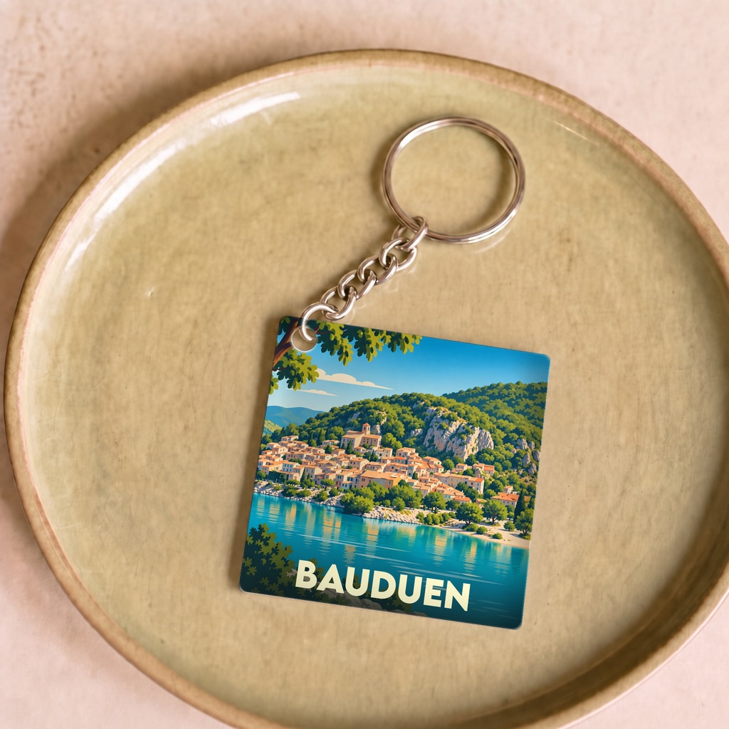 Porte-clés souvenir de la ville de Bauduen avec une illustration stylisée.