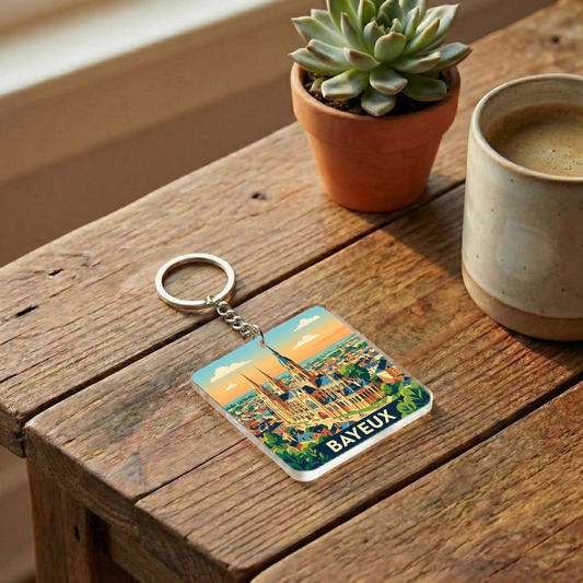 Porte-clés souvenir de la ville de Bayeux avec une illustration stylisée.
