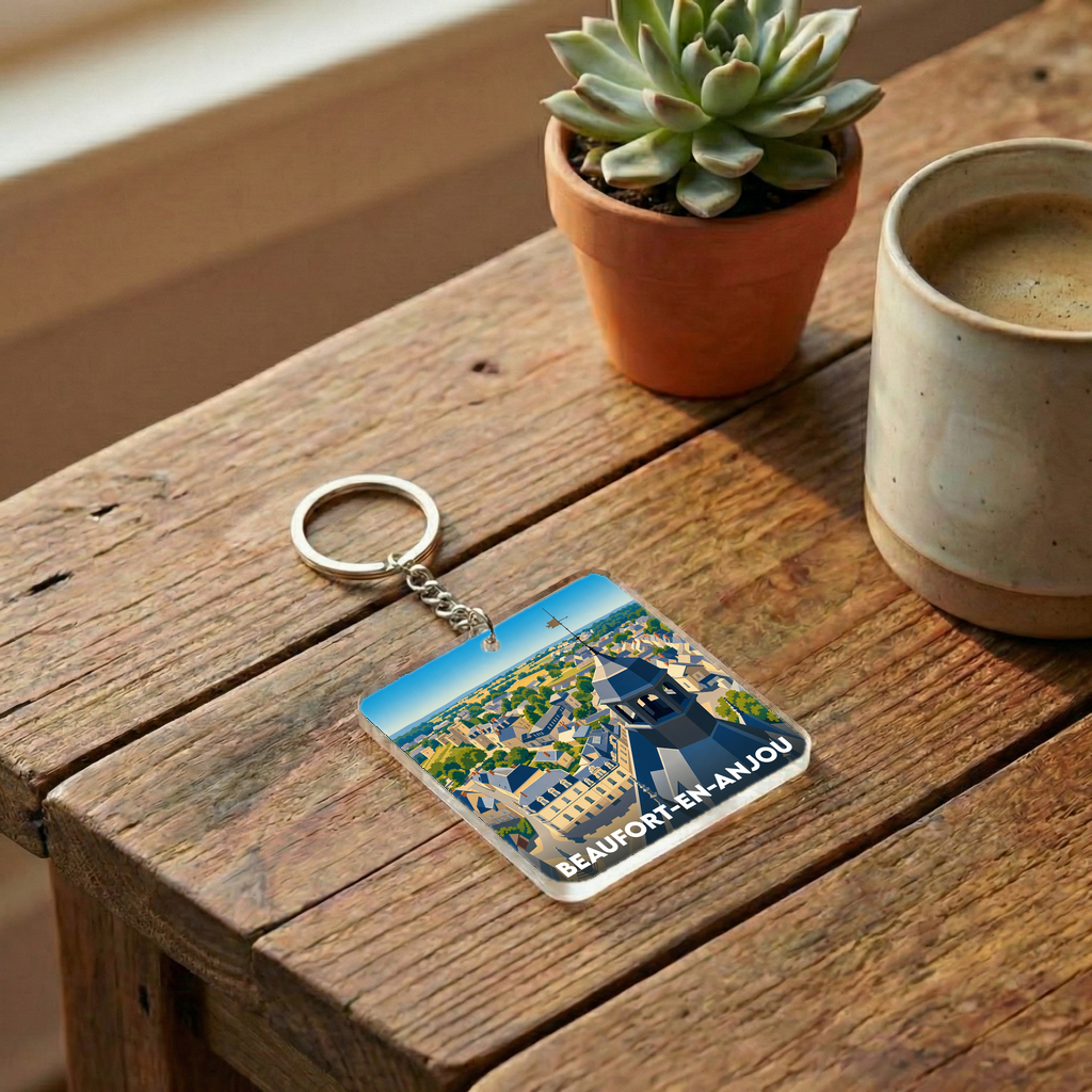 Porte-clés souvenir de la ville de Beaufort-en-Anjou avec une illustration stylisée.