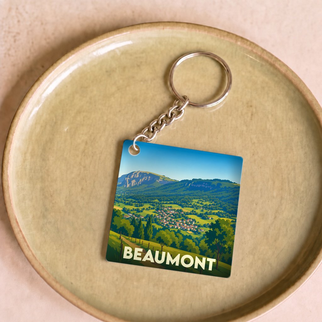 Porte-clés souvenir de la ville de Beaumont avec une illustration stylisée d'un paysage de montagne.