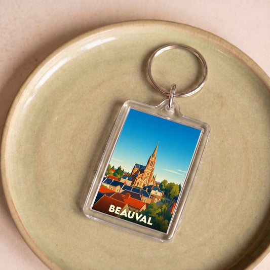 Porte-clés souvenir de la ville de Beauval avec une illustration stylisée.