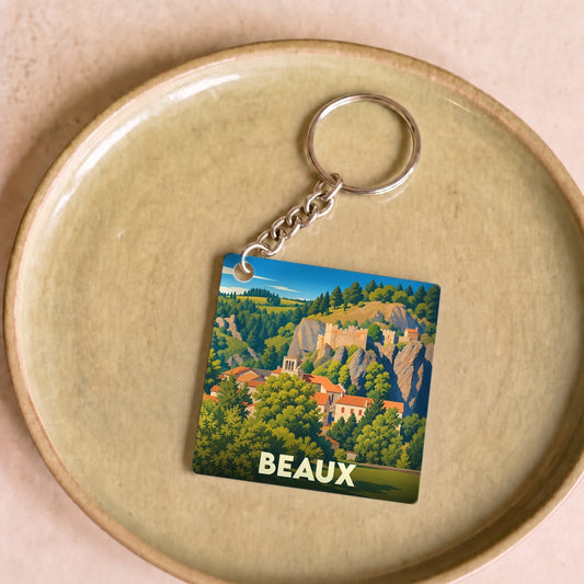 Porte-clés souvenir de la ville de Beaux avec une illustration stylisée de son village et de sa citadelle.