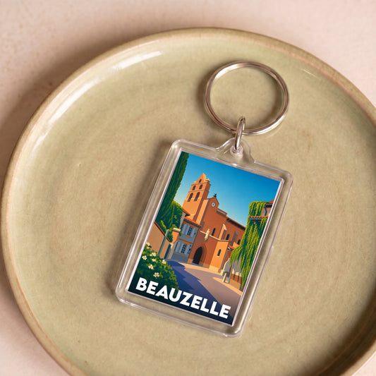 Porte-clés souvenir de la ville de Beauzelle avec une illustration stylisée.