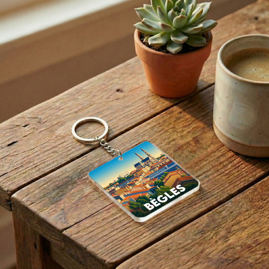 Porte-clés souvenir de la ville de Bègles avec une illustration stylisée.