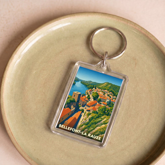 Porte-clés souvenir de la ville de Bellefont-La Rauze avec une illustration stylisée.