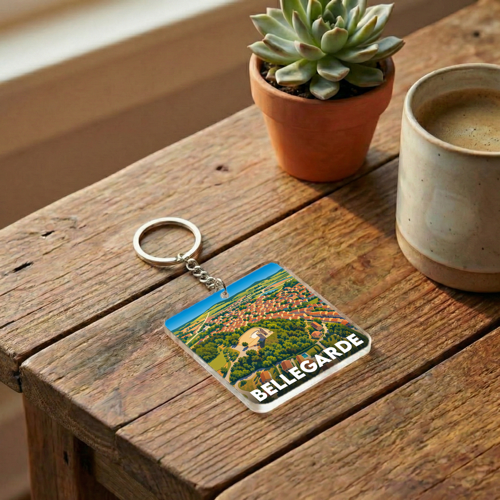 Porte-clés souvenir de la ville de Bellegarde avec une illustration stylisée vue du ciel.