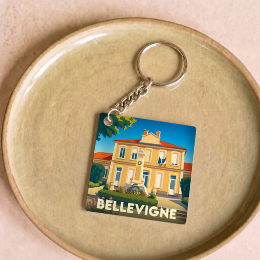 Porte-clés souvenir de la ville de Bellevigne avec une illustration stylisée.