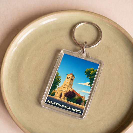 Porte-clés souvenir de la ville de Belleville-sur-Meuse avec une illustration stylisée de son église.