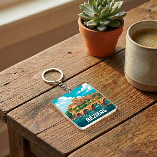 Porte-clés souvenir de la ville de Béziers avec une illustration stylisée.