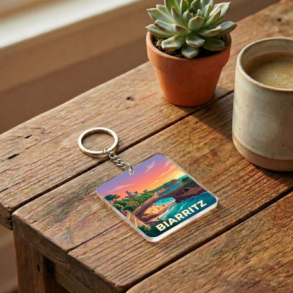 Porte-clés souvenir de la ville de Biarritz avec une illustration stylisée de son littoral.