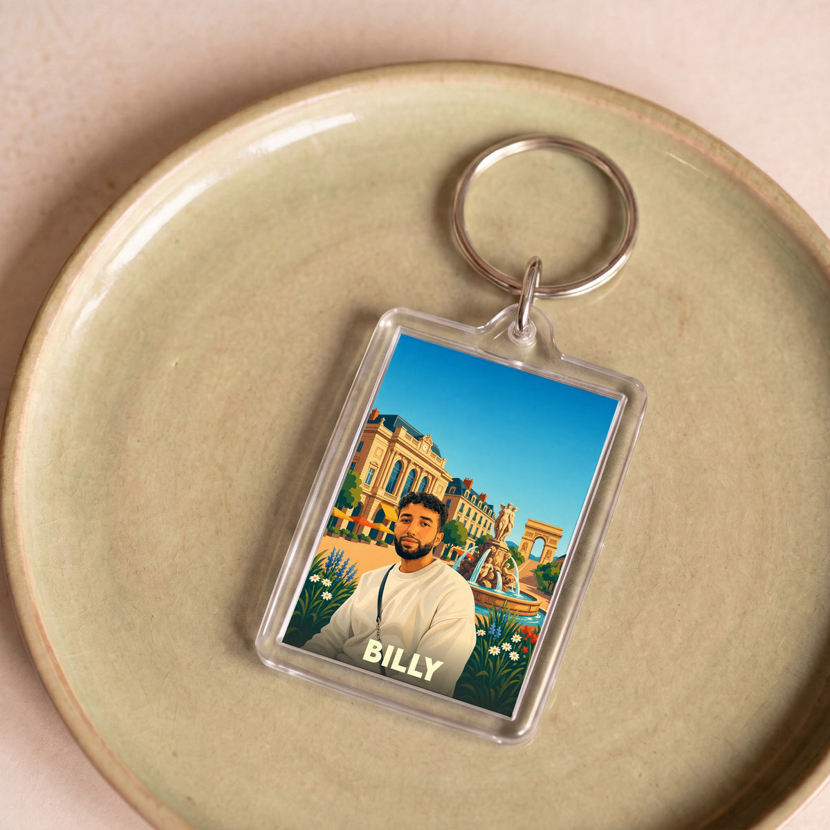 Porte-clés souvenir de la ville de Billy avec une illustration stylisée.