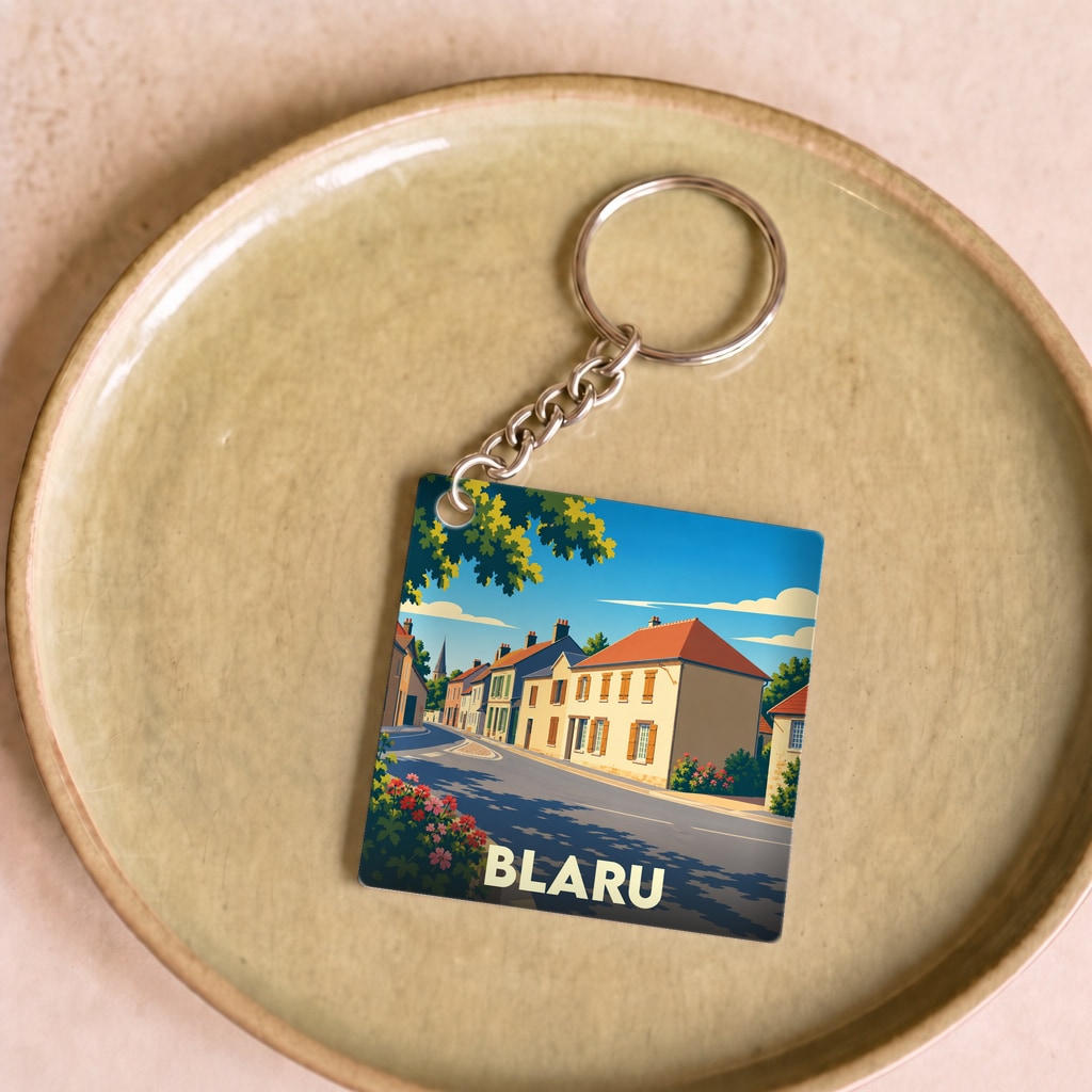 Porte-clés souvenir de la ville de Blaru avec une illustration stylisée d'une rue pittoresque.