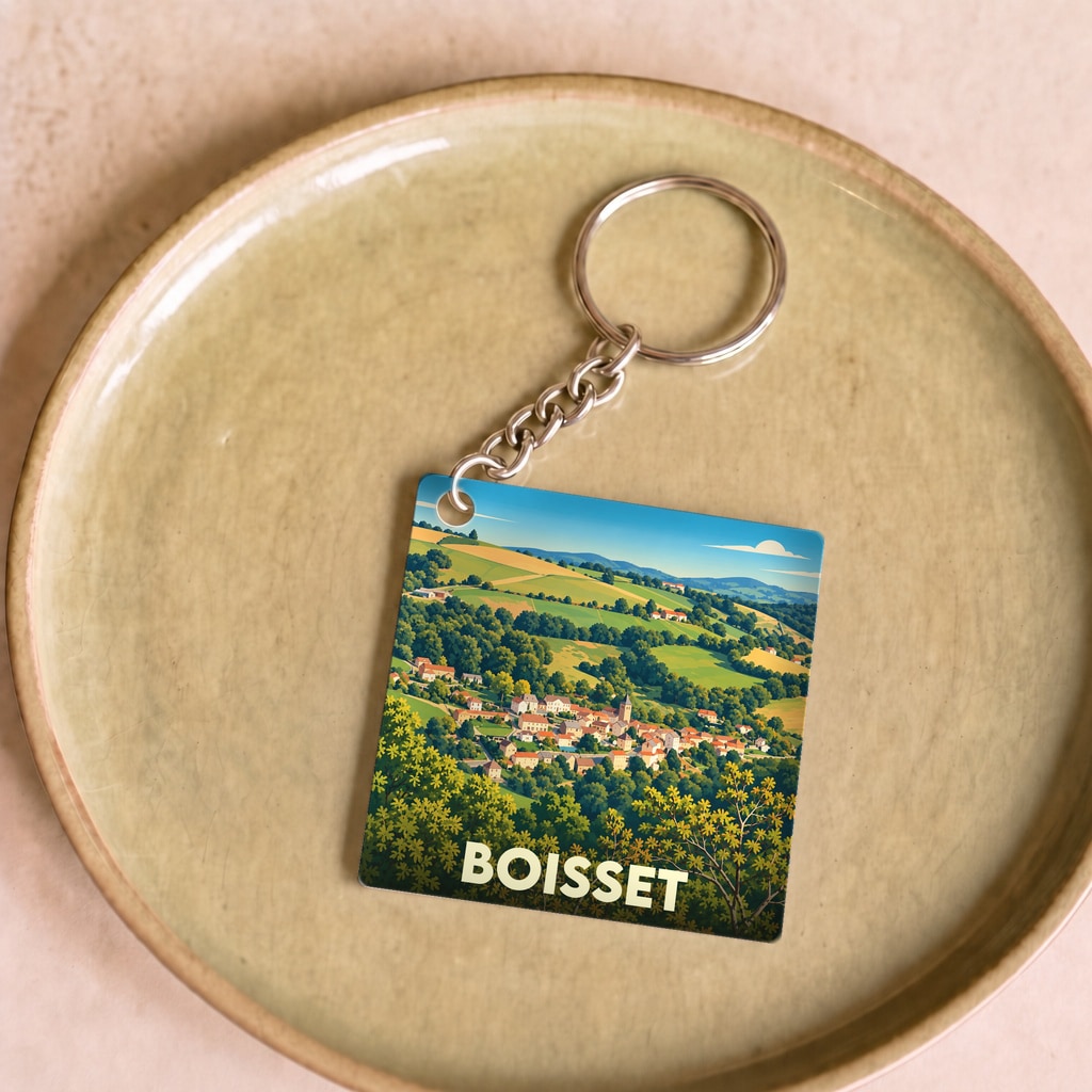 Porte-clés souvenir de la ville de Boisset avec une illustration stylisée de son paysage vallonné.