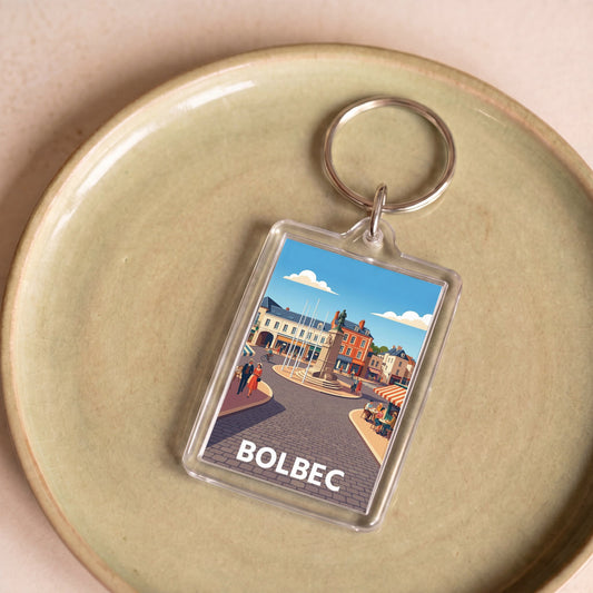 Porte-clés souvenir de la ville de Bolbec avec une illustration stylisée.