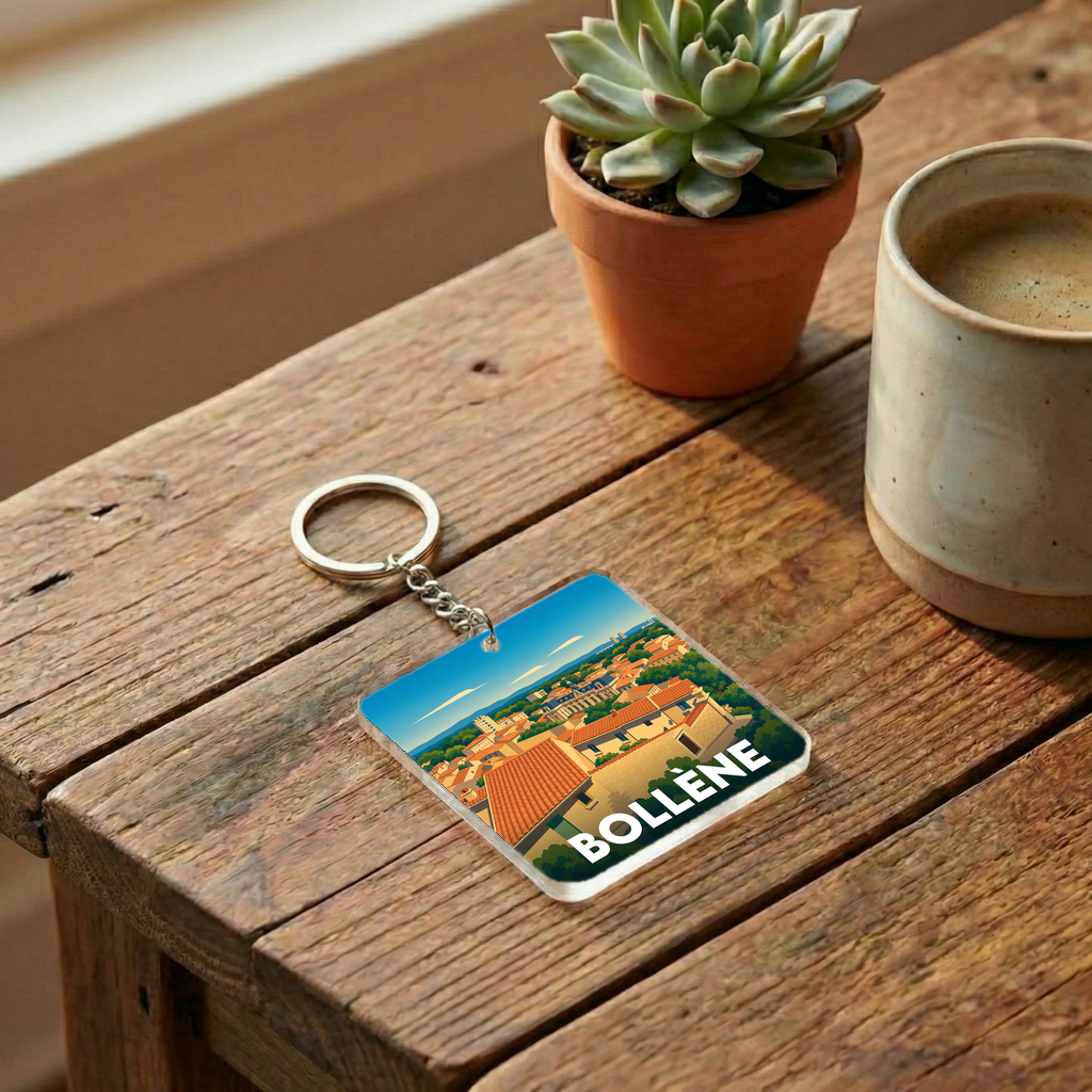 Porte-clés souvenir de la ville de Bollène avec une illustration stylisée.