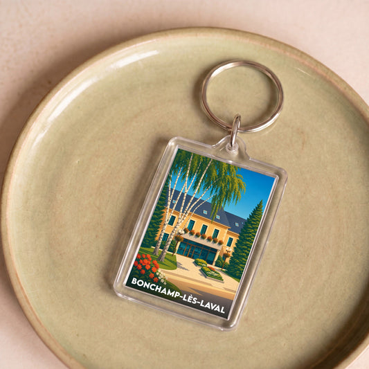 Porte-clés souvenir de la ville de Bonchamp-lès-Laval avec une illustration stylisée.