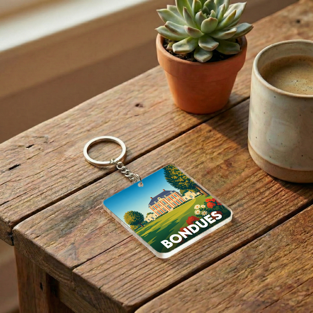 Porte-clés souvenir de la ville de Bondues avec une illustration stylisée.