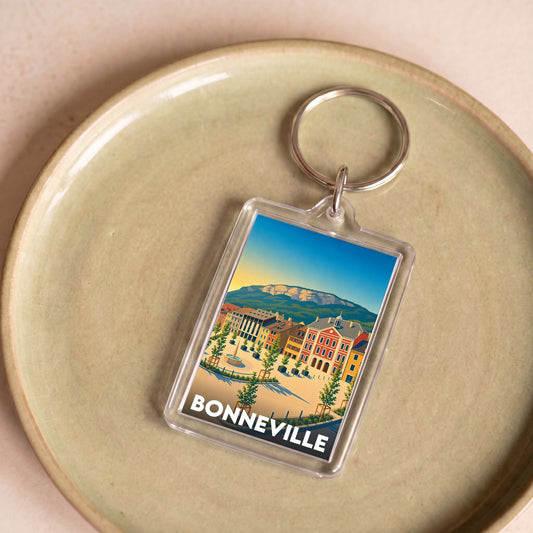Porte-clés souvenir de la ville de Bonneville avec une illustration stylisée.