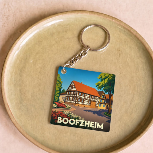 Porte-clés souvenir de la ville de Boofzheim avec une illustration stylisée d'une maison à colombages.