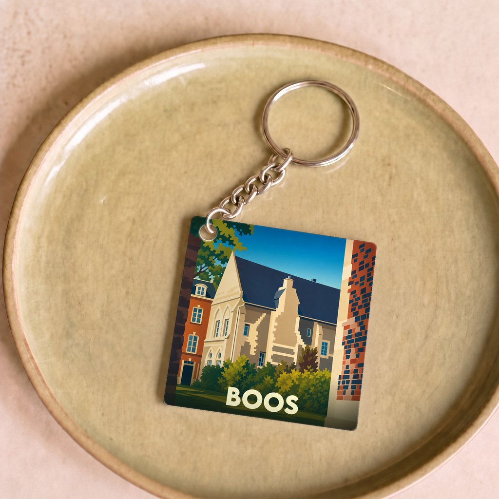 Porte-clés souvenir de la ville de Boos avec une illustration stylisée de son patrimoine architectural.