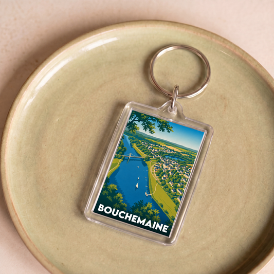 Porte-clés souvenir de la ville de Bouchemaine avec une illustration paysagère stylisée.