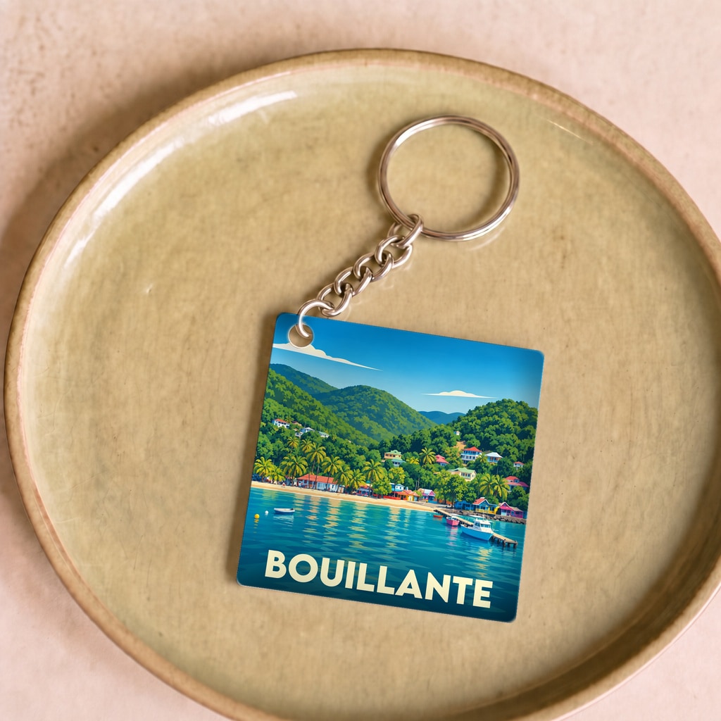 Porte-clés souvenir de la ville de Bouillante avec une illustration stylisée de son bord de mer.